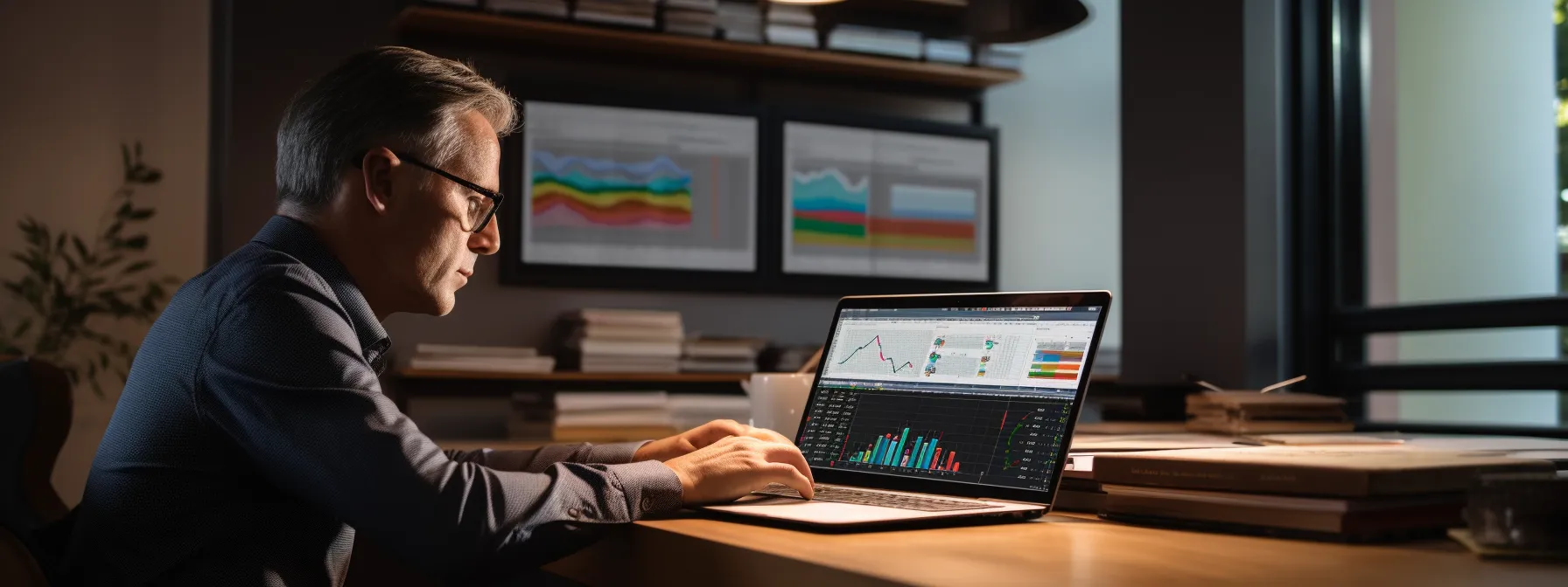a person sitting at a desk with a laptop open, surrounded by seo books and charts.