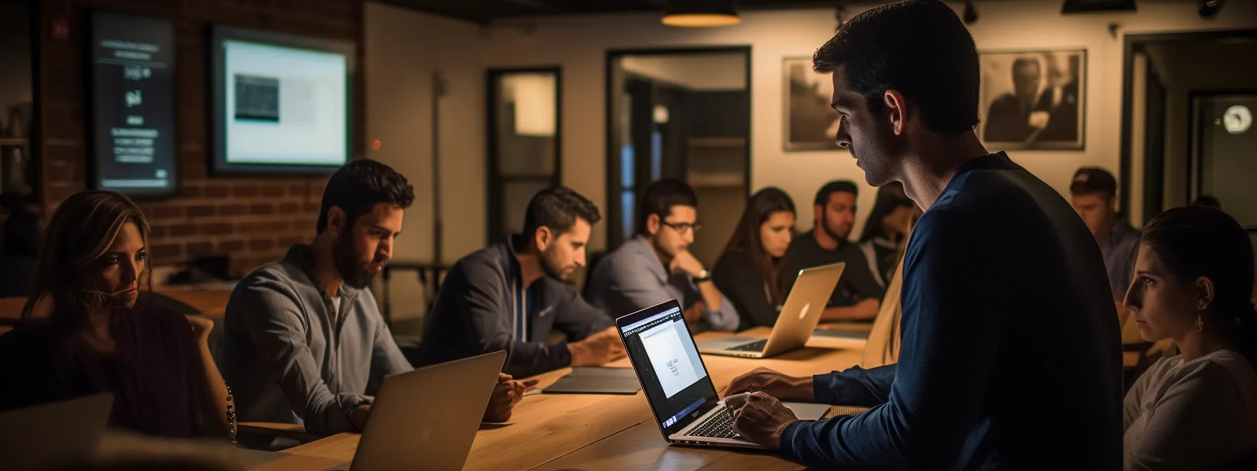 a group of students attentively listening to manick bhan as he teaches an seo class at seotheory.