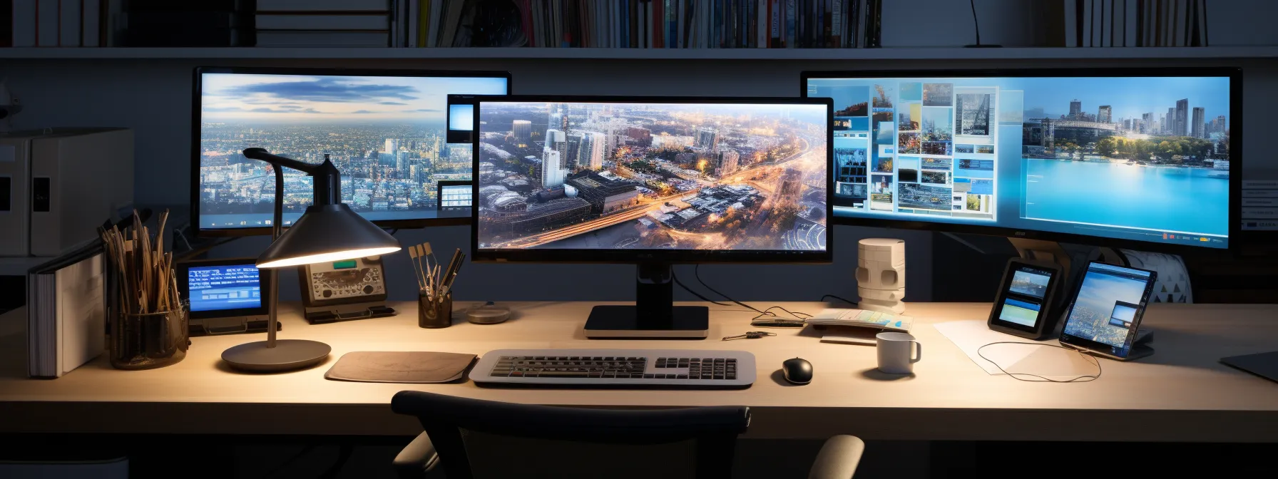 a person sitting at a desk, surrounded by computer screens, studying on-page seo materials.