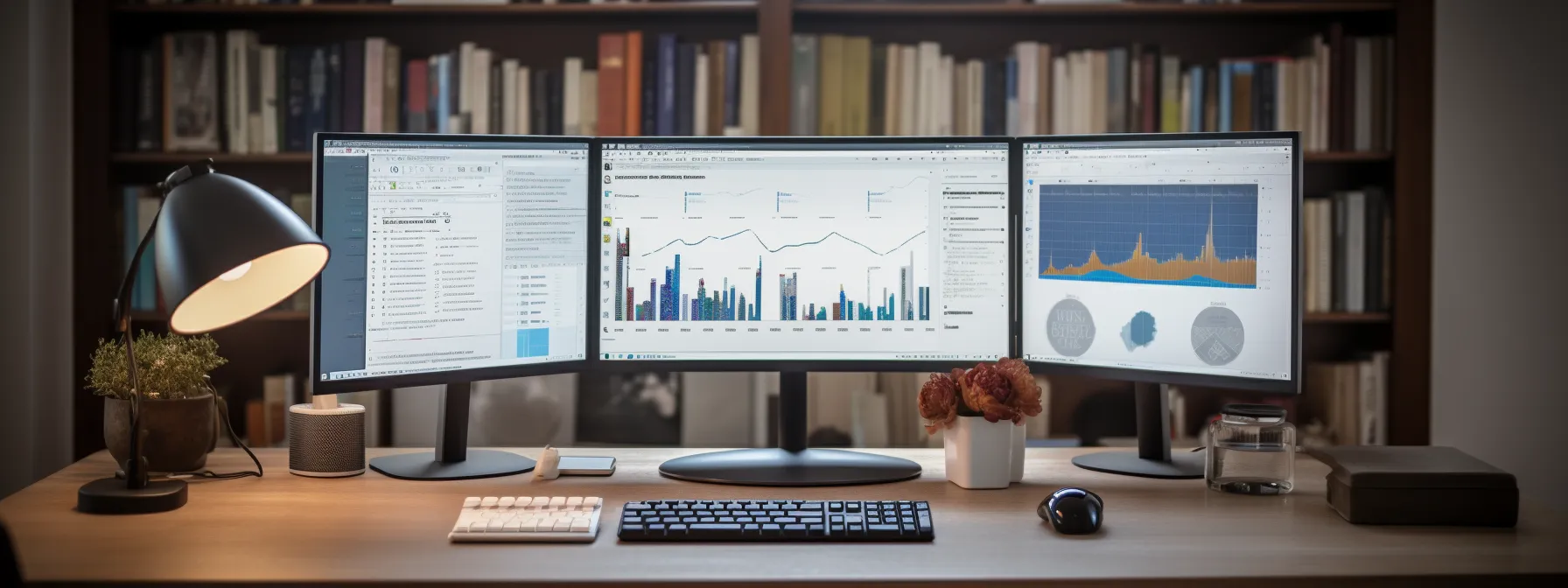 a person sitting at a desk, focused and engaged, surrounded by books and a computer screen displaying seo analytics.