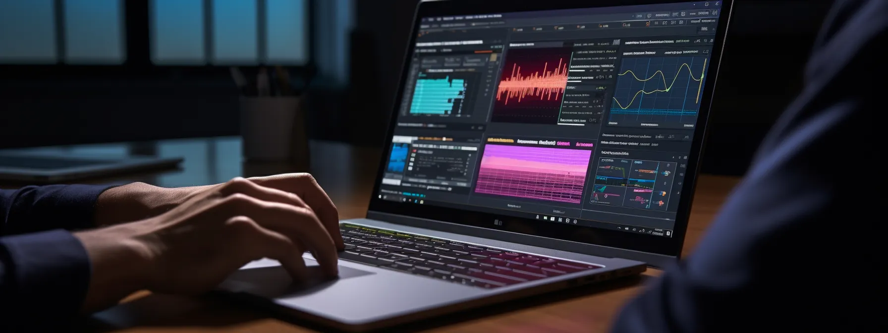 a person using a laptop to analyze social media analytics and strategize content visibility.
