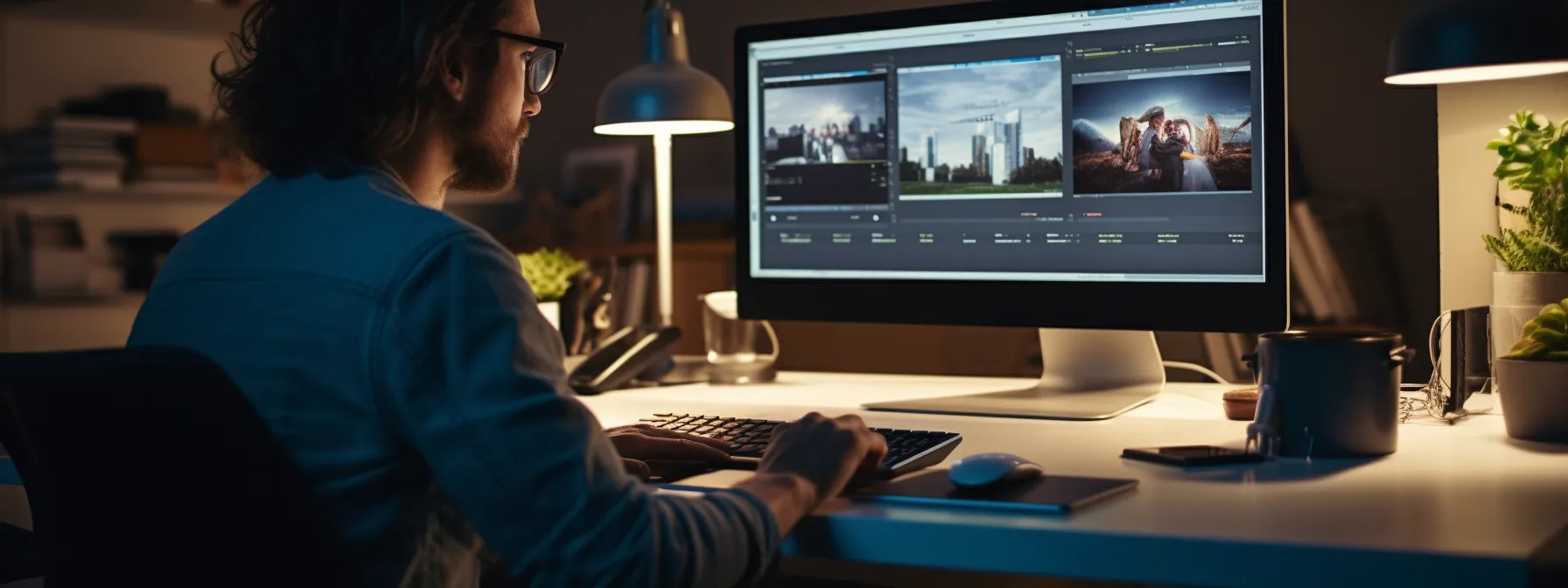 a person sitting at a computer, scrolling through a webpage advertising the best courses for mastering seo.