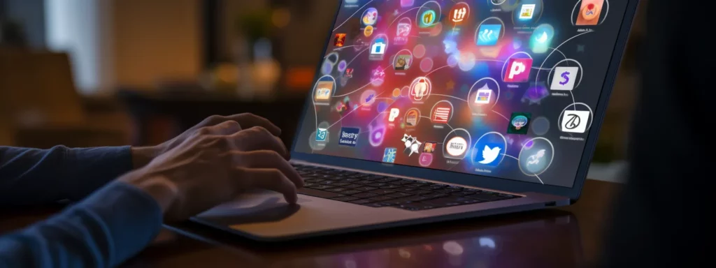 a person typing on a laptop with multiple social media icons displayed on a screen.