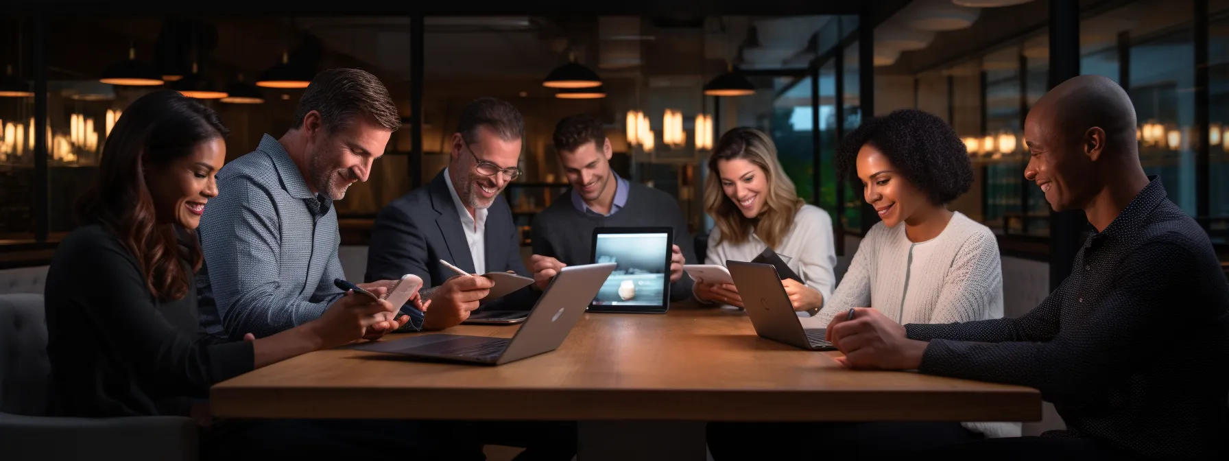 a group of marketers studying and discussing mobile seo strategies on their tablets and smartphones.