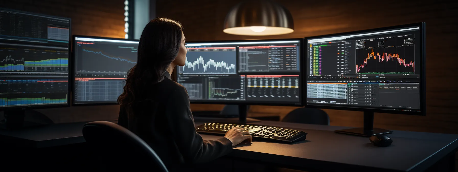 a person sitting at a computer with multiple screens and charts, using an automated reporting system to analyze data.