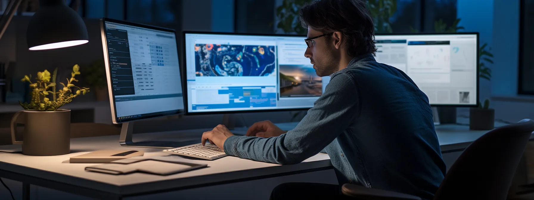a person sitting at a computer, analyzing product pages and keywords for seo optimization.