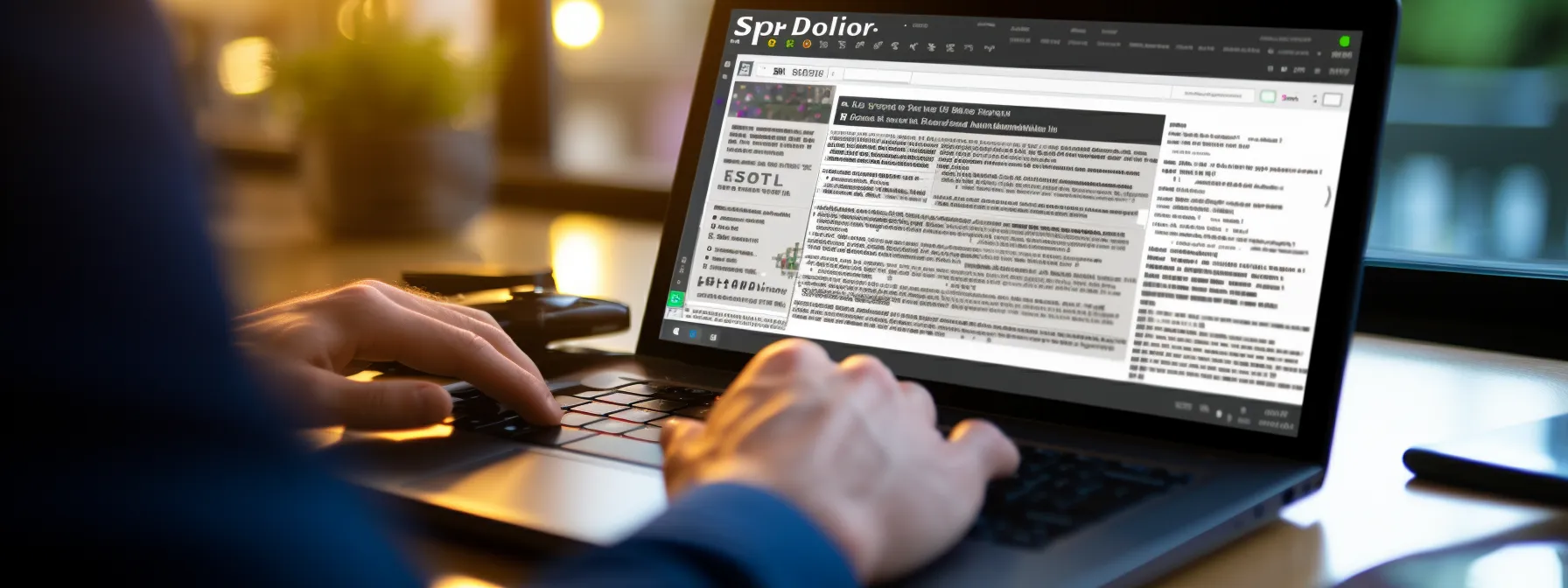 a person writing seo-optimized content on a laptop, with various seo-related keywords and phrases visible on the screen.