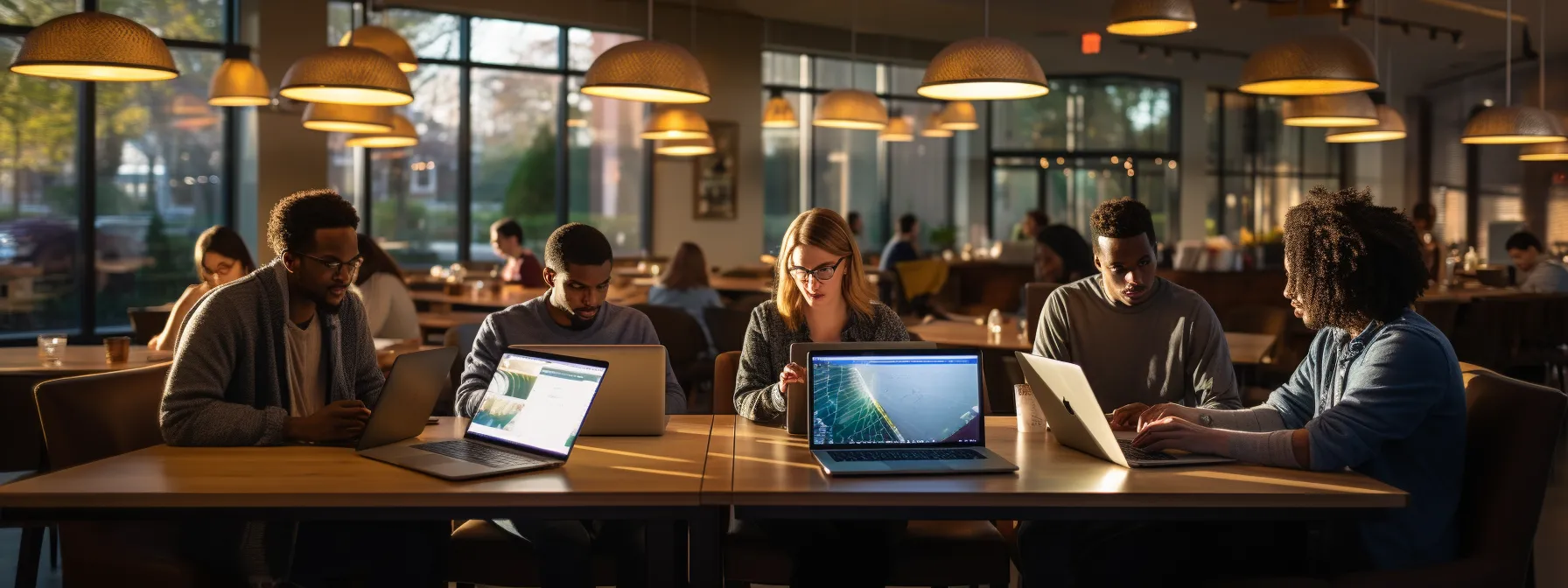 a group of students studying seo techniques and link building strategies using laptops and notebooks.