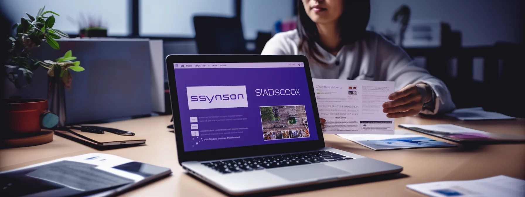a person holding a certification with a logo on it, surrounded by digital marketing materials and laptop screens displaying seo data.