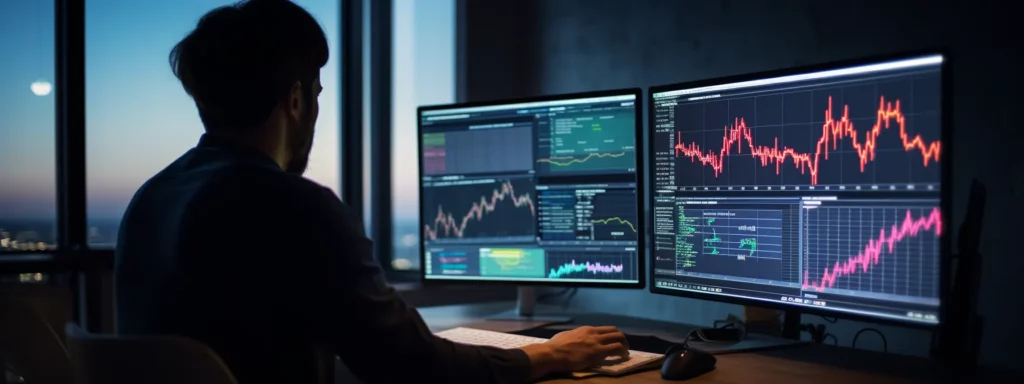 a person using a computer and analyzing data on a screen with various graphs and charts.