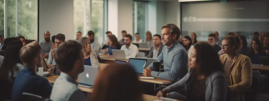 people sitting in a classroom, listening attentively to an instructor teaching about local seo strategies using seotheory training materials.