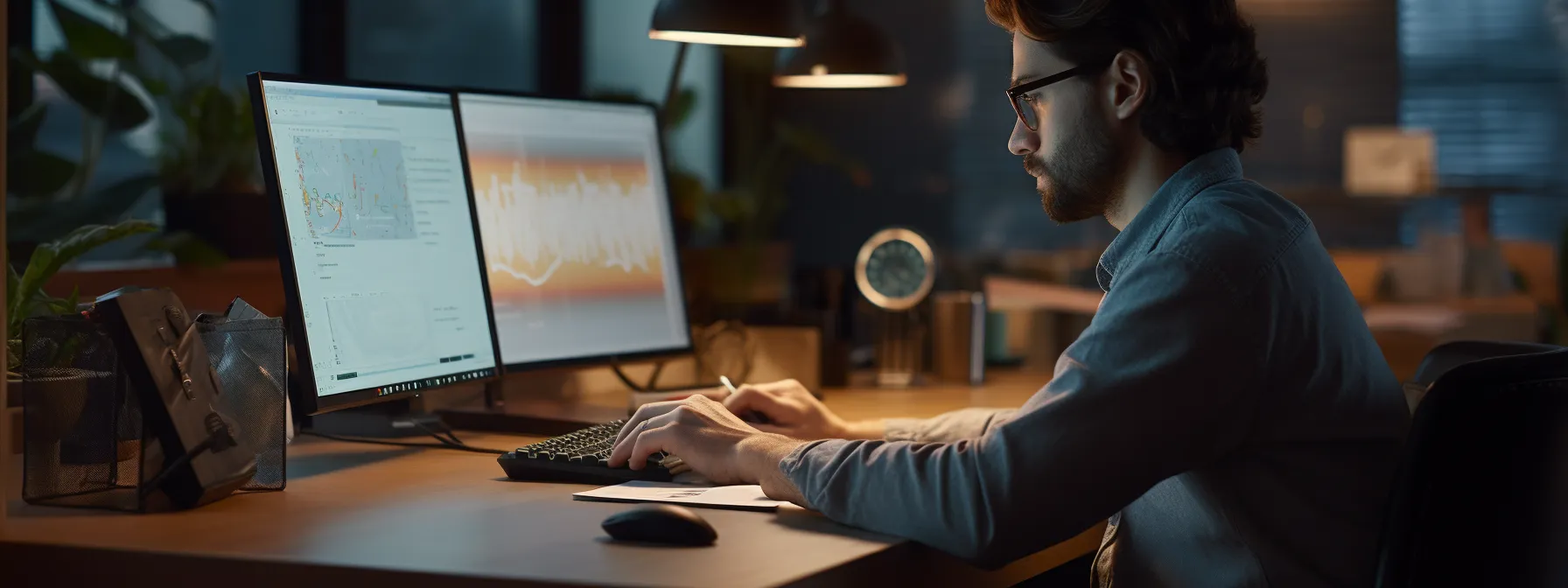a person sitting at a desk, with a computer open in front of them, taking notes on a keyword clustering course.