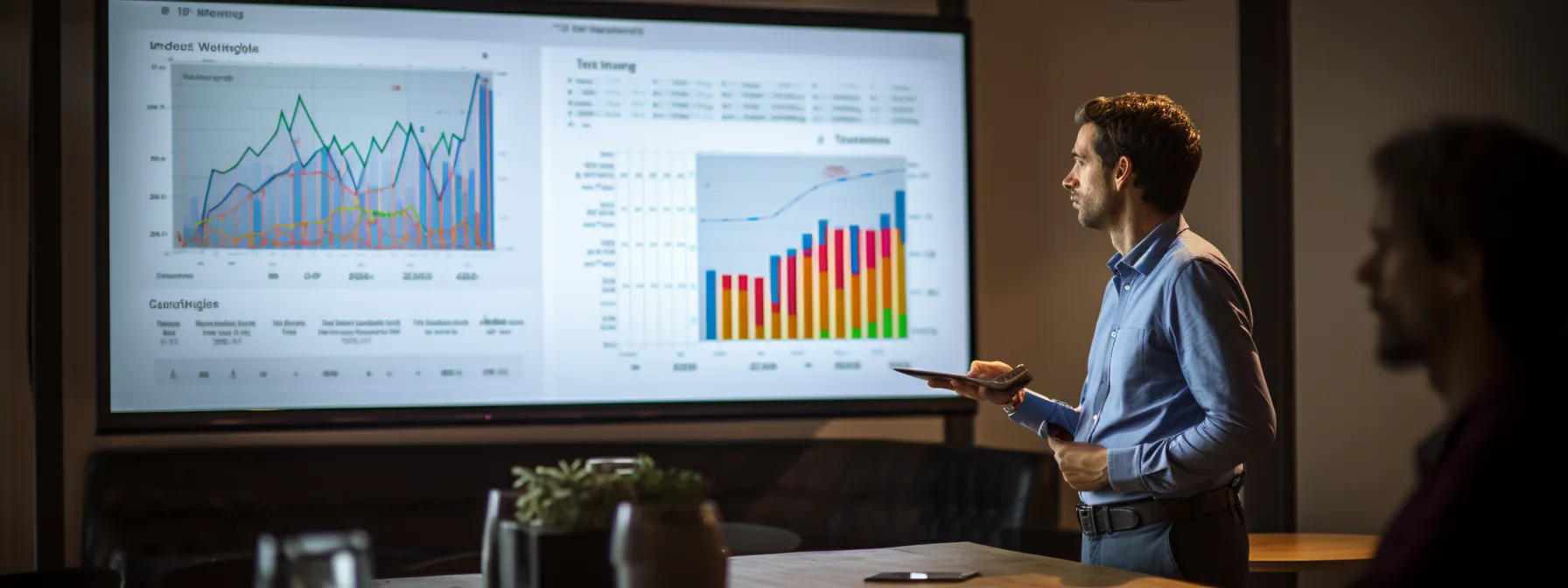 a person attending a professional seo training class, with a projector screen displaying charts and graphs related to search engine algorithms.