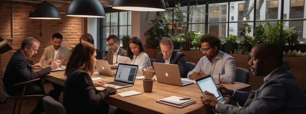 a group of professionals attending a content marketing course, taking notes and discussing advanced seo techniques.