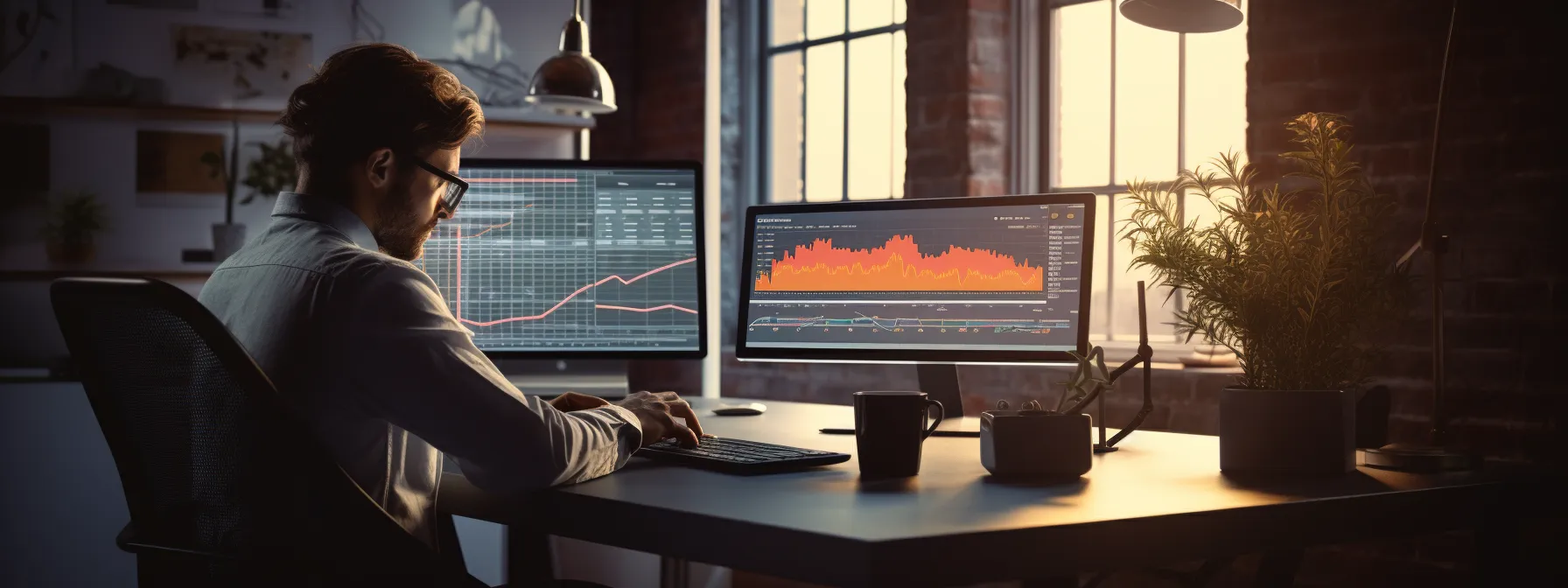 a person sitting at a desk with a laptop surrounded by charts and graphs related to advanced seo in content marketing.