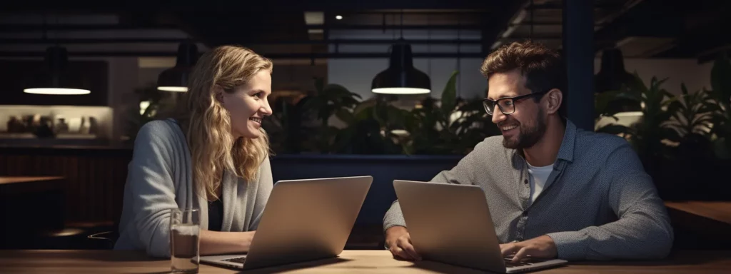 three people sitting around a table with laptops and notebooks, discussing and strategizing advanced seo techniques for effective link building.
