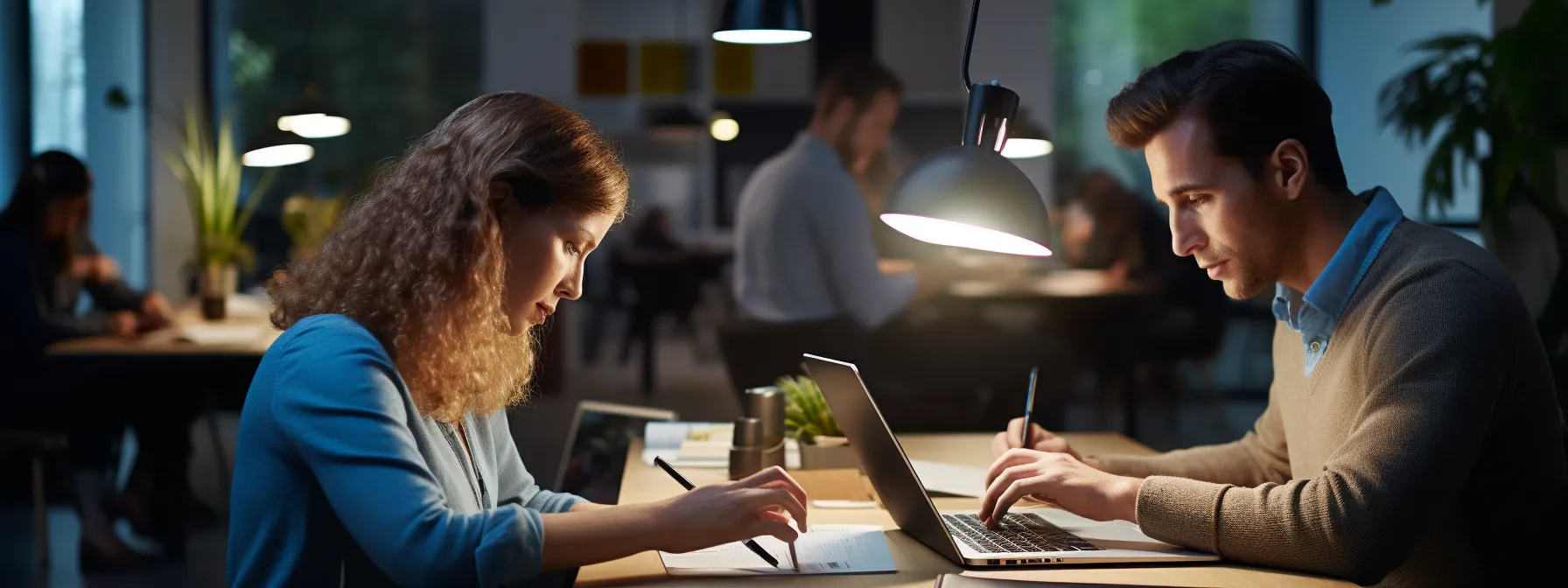a person sitting at a desk with a laptop, studying and taking notes for an online seo exam preparation.