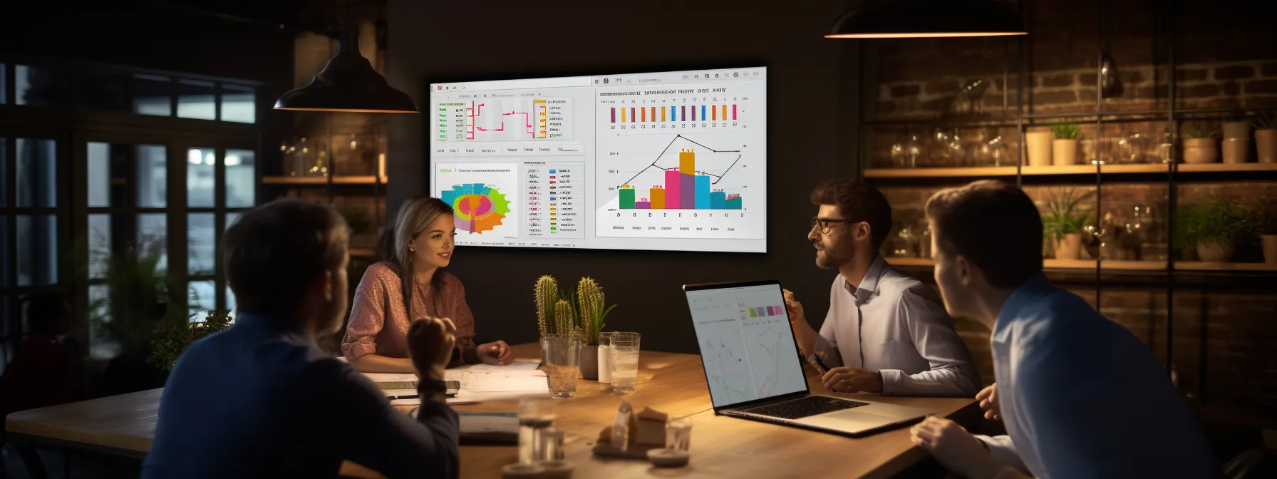 a group of seo enthusiasts studying graphs and charts on a computer screen.