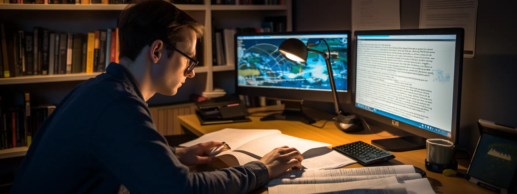 a person sitting at a desk, studying seotheory's seo courses on a computer, surrounded by books and notes about digital marketing.