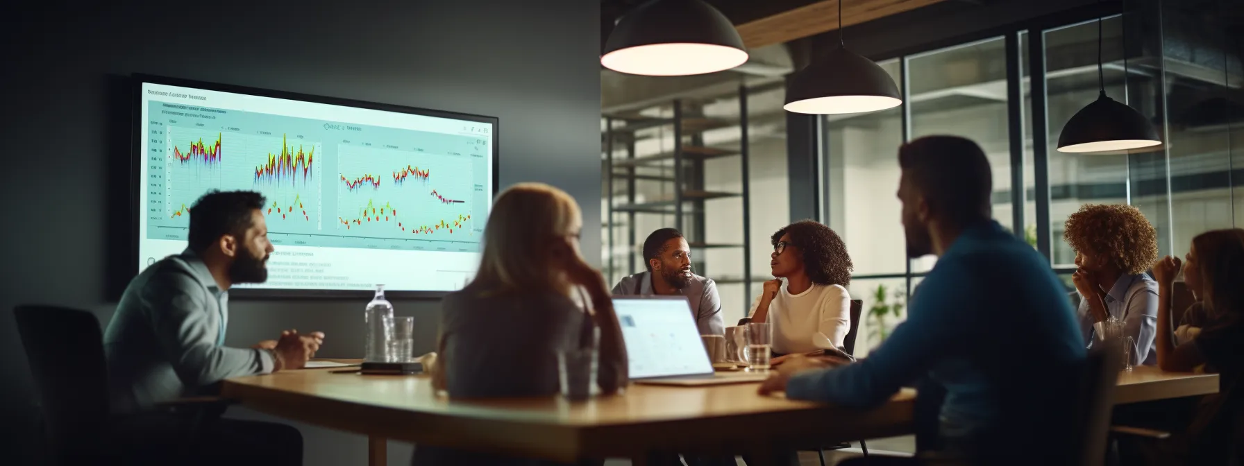 a group of marketing professionals analyzing data and social media metrics on a large screen in a modern office space.