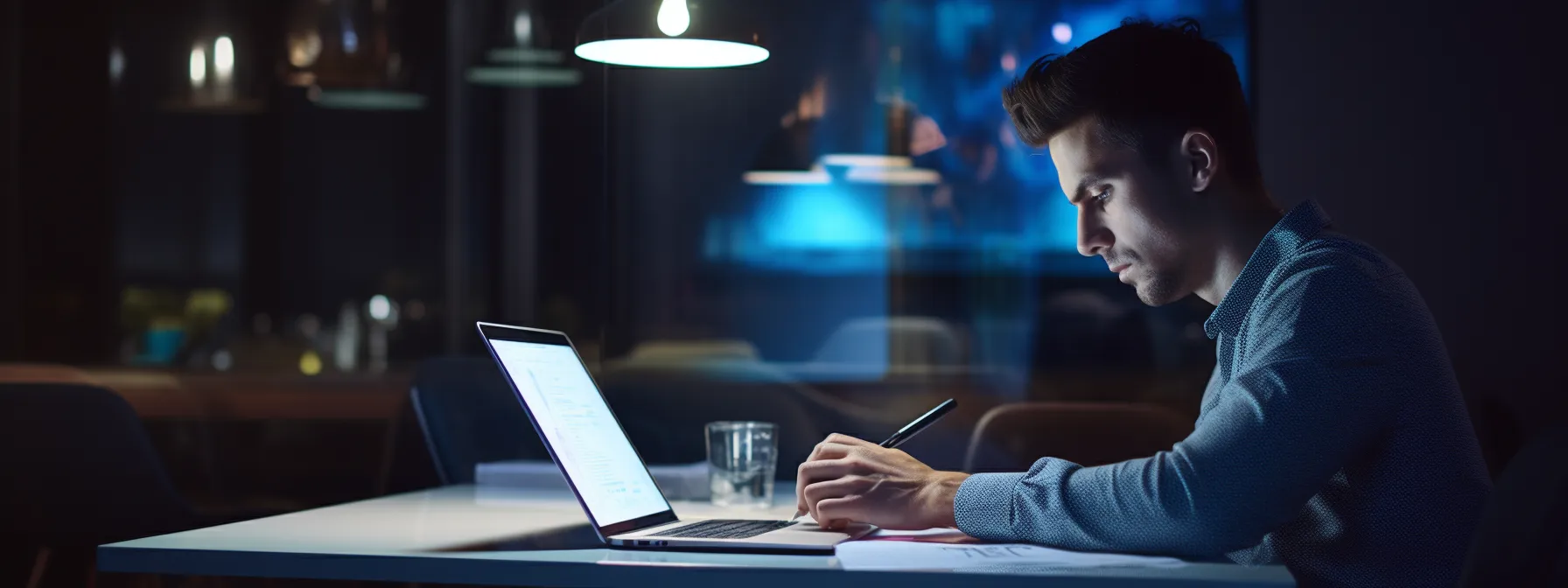 a person sitting at a desk, studying a laptop and taking notes on on-page and off-page seo techniques.