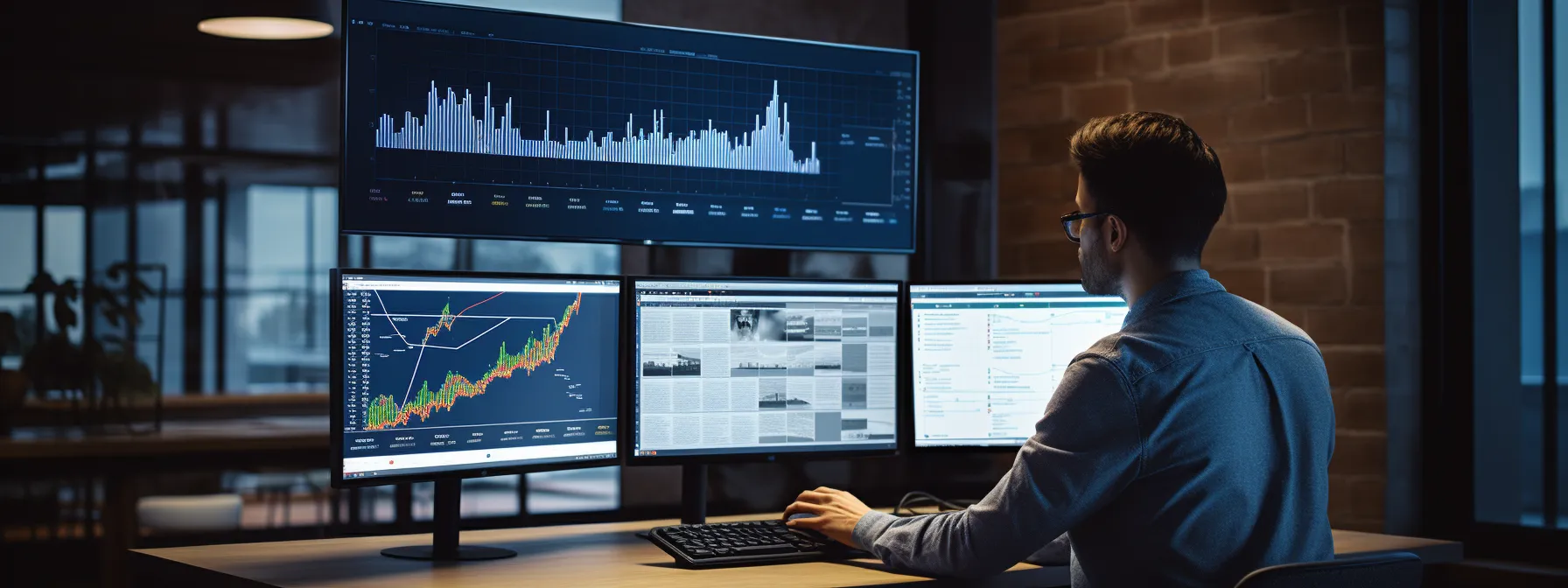 a person at a computer analyzing data and charts related to seo benchmarking.