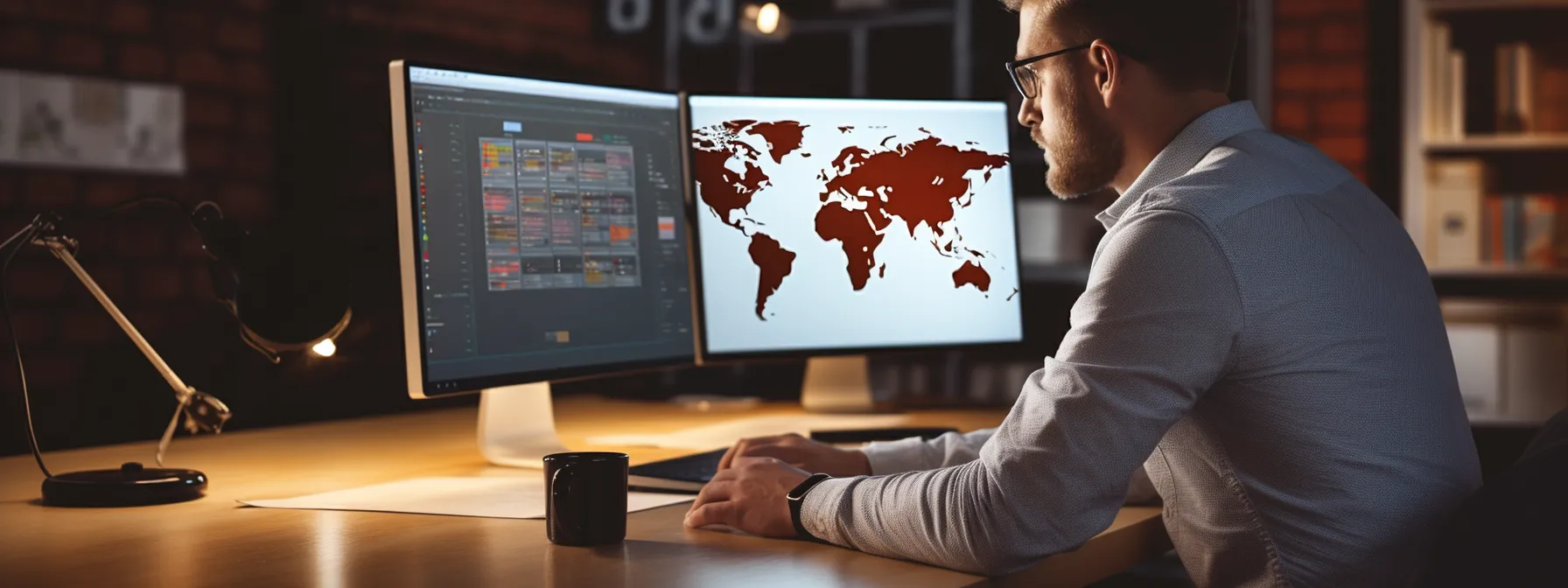 a person sitting at a computer, with a world map on the wall behind them, typing keywords and managing various website analytics tools.
