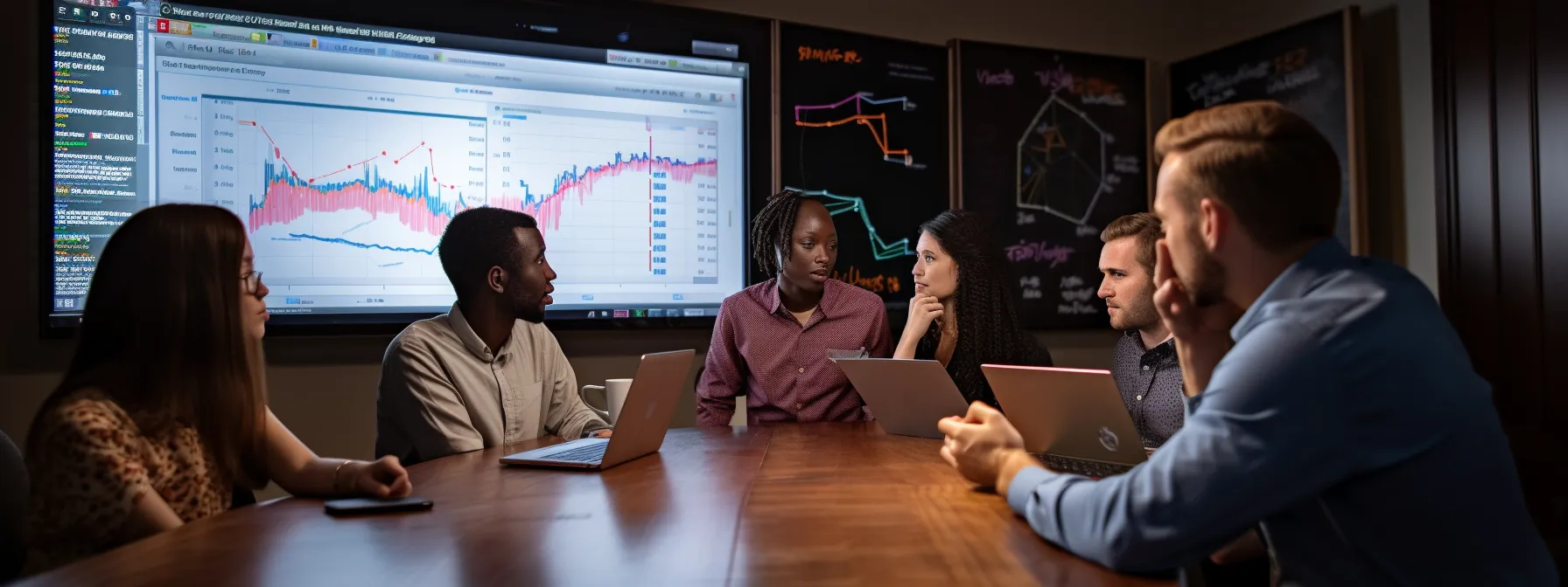 a group of students using interactive analytics tools and software in a classroom setting.