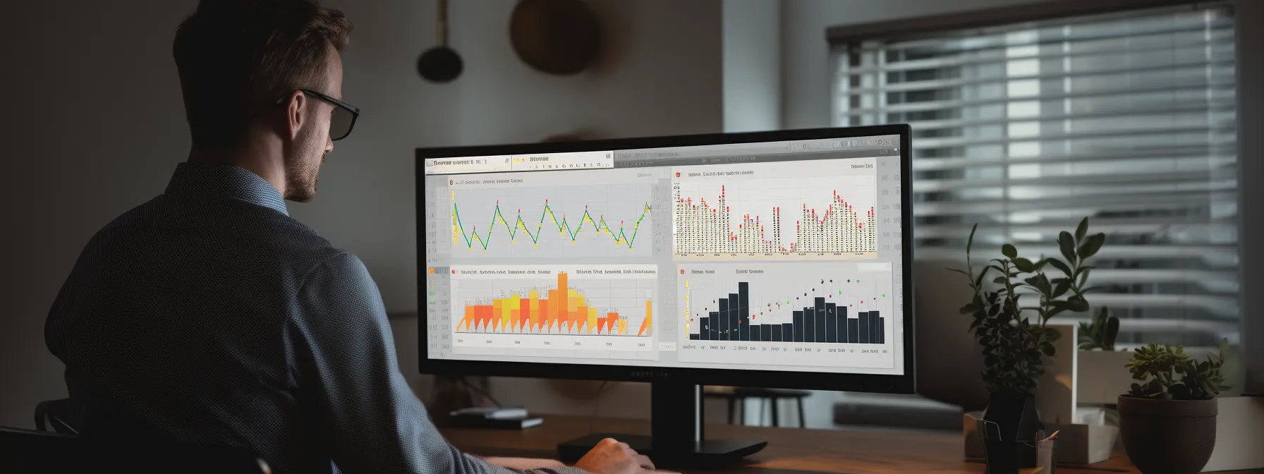 a person analyzing data on a computer screen with graphs and charts related to search engine optimization.