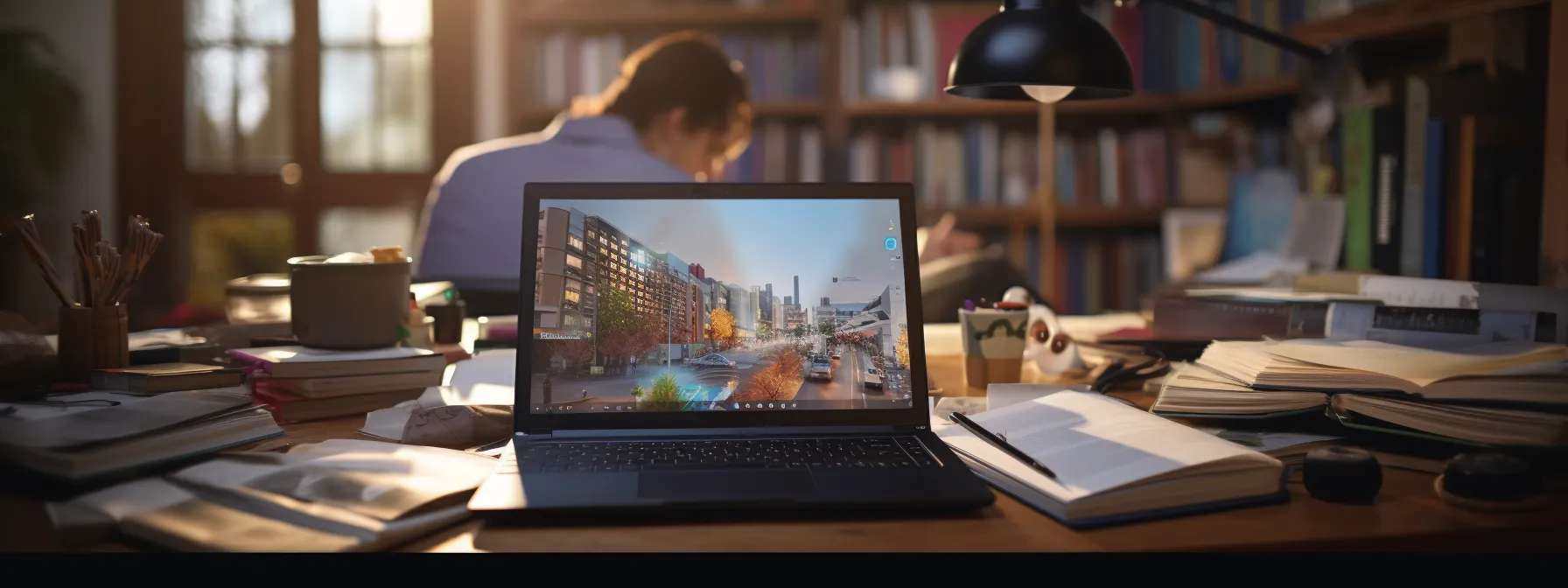 a person sitting at a desk with a laptop and notes, surrounded by books on digital marketing.