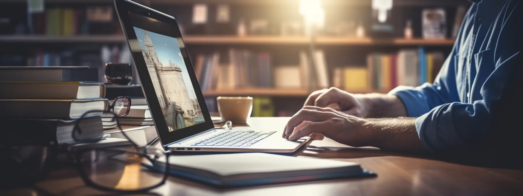 a person sitting at a desk with a laptop, surrounded by books and notes on search engine optimization.