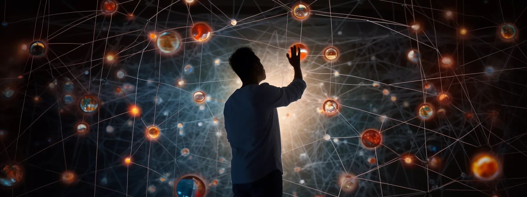 a person navigating a complex web of interconnected links to strengthen their website's backlink strategy for keyword-rich content.