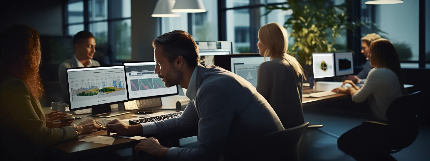 a group of people analyzing data on their computers in a modern office setting.