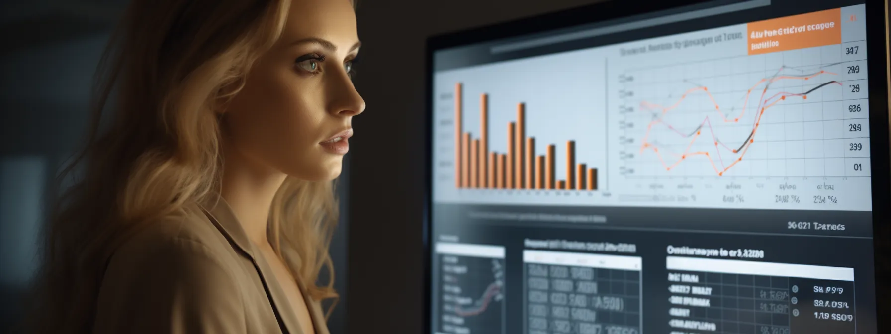a person analyzing and selecting keywords for a website, with charts and data visible on the screen.