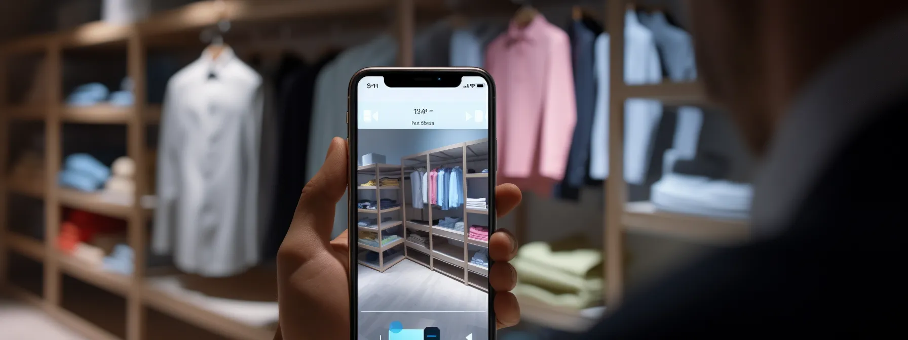 a person using a mobile device to browse an e-commerce platform, with ai chatbots in the background.
