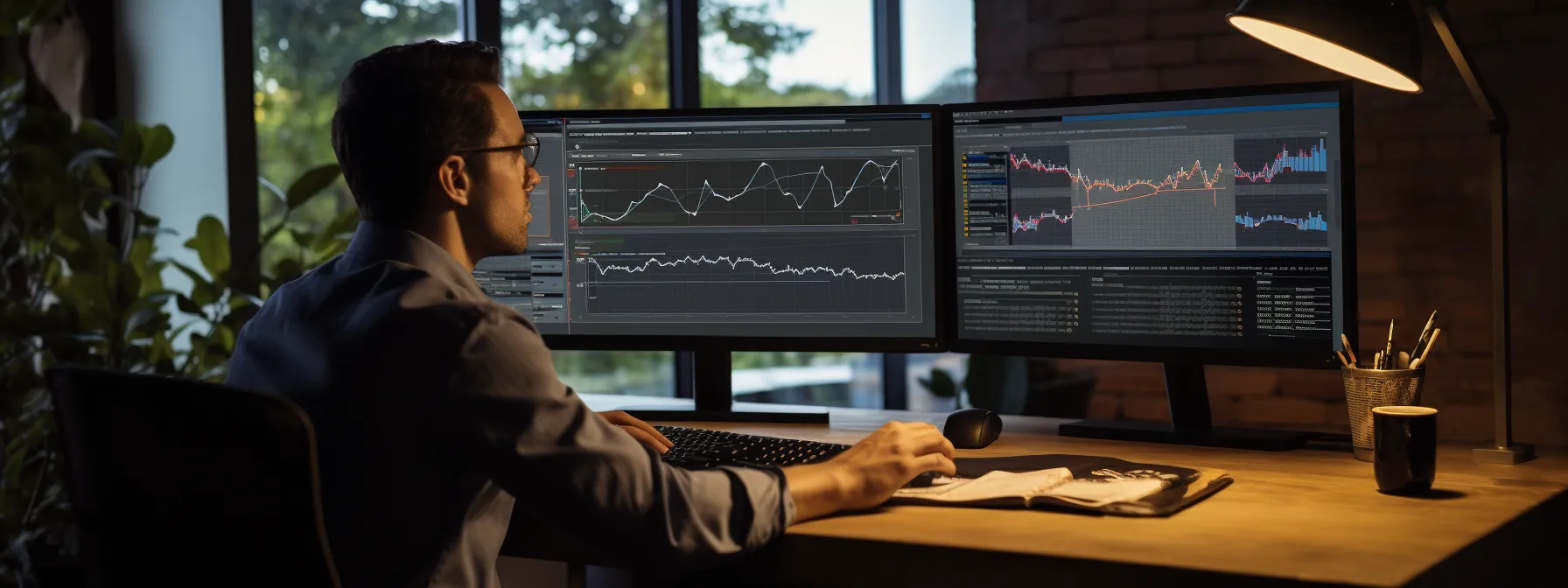 a person sitting at a desk with a computer screen displaying various seo tools and charts.