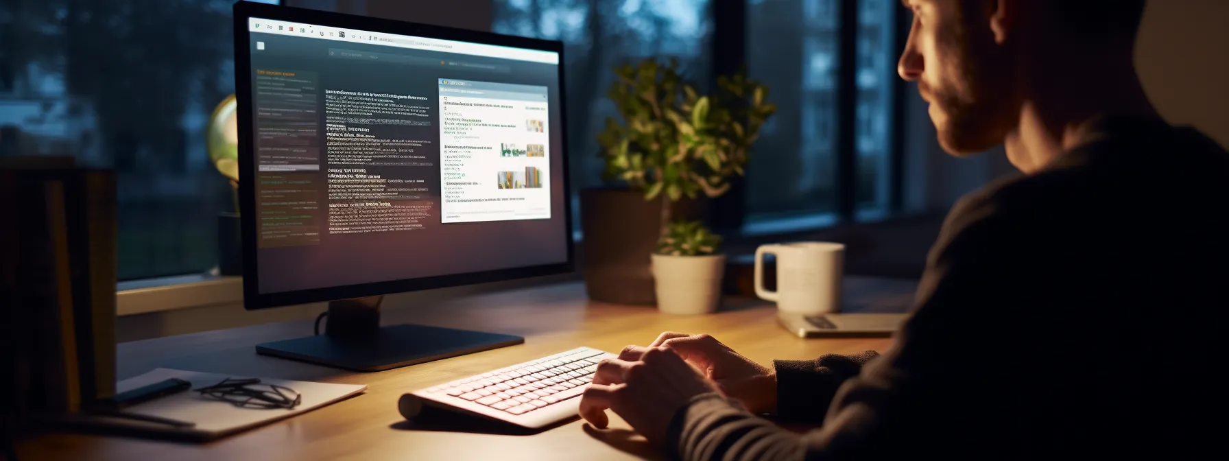 a person writing metadata on a computer screen with search engine result pages and website content displayed on the monitor.