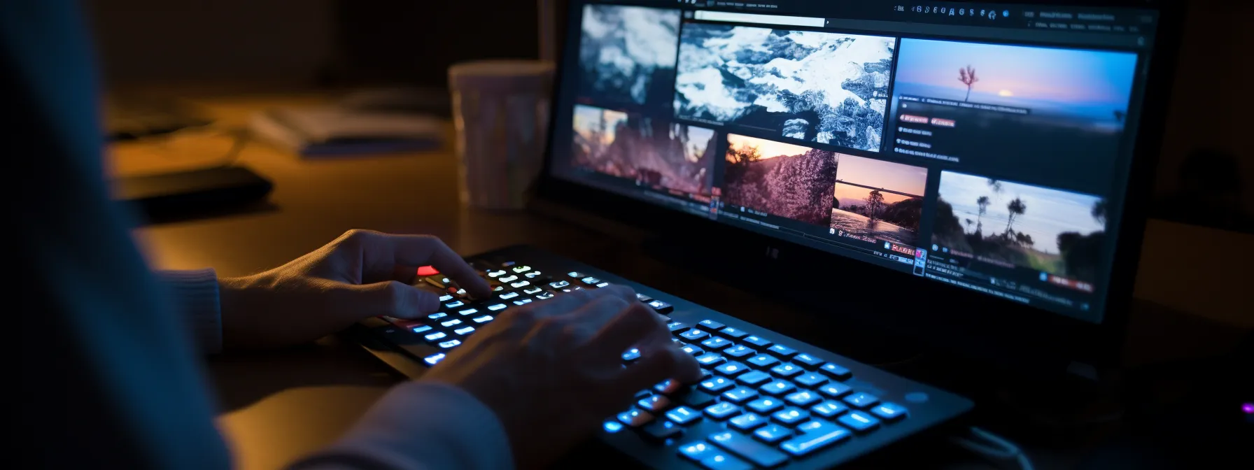 an individual typing on a keyboard with various social media icons and website links displayed on a computer screen.