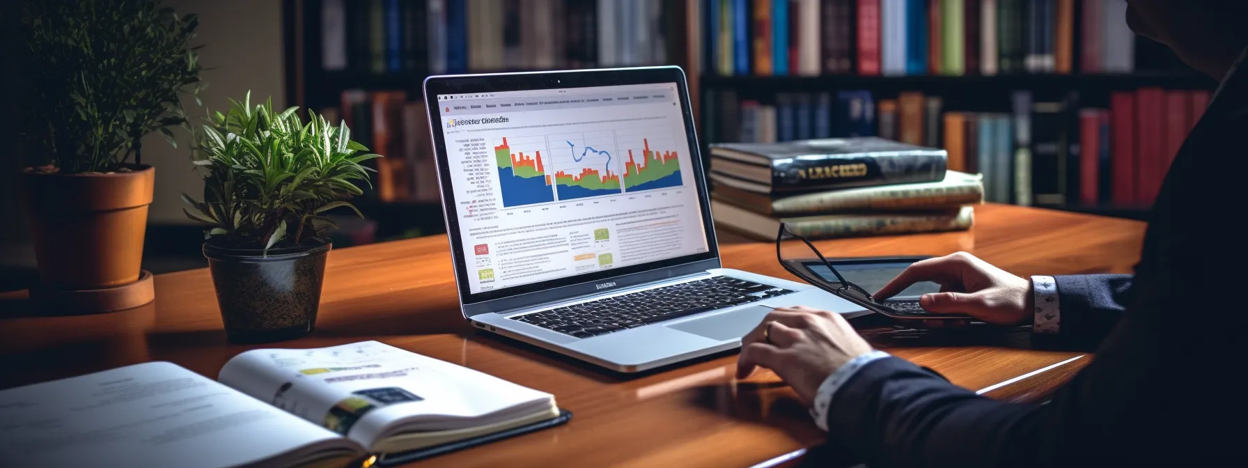 a person studying seotheory's curriculum, with a laptop open, surrounded by books and notes, demonstrating a focused and dedicated approach to mastering sustainable traffic building for business growth.