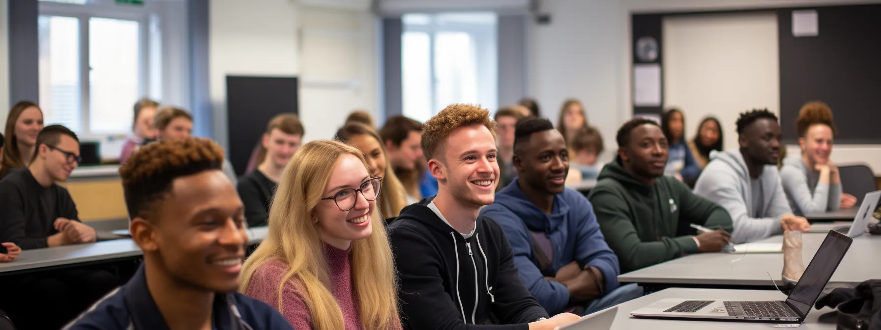 a group of eager students sitting in a classroom, attentively listening to a knowledgeable instructor teaching them about seo.