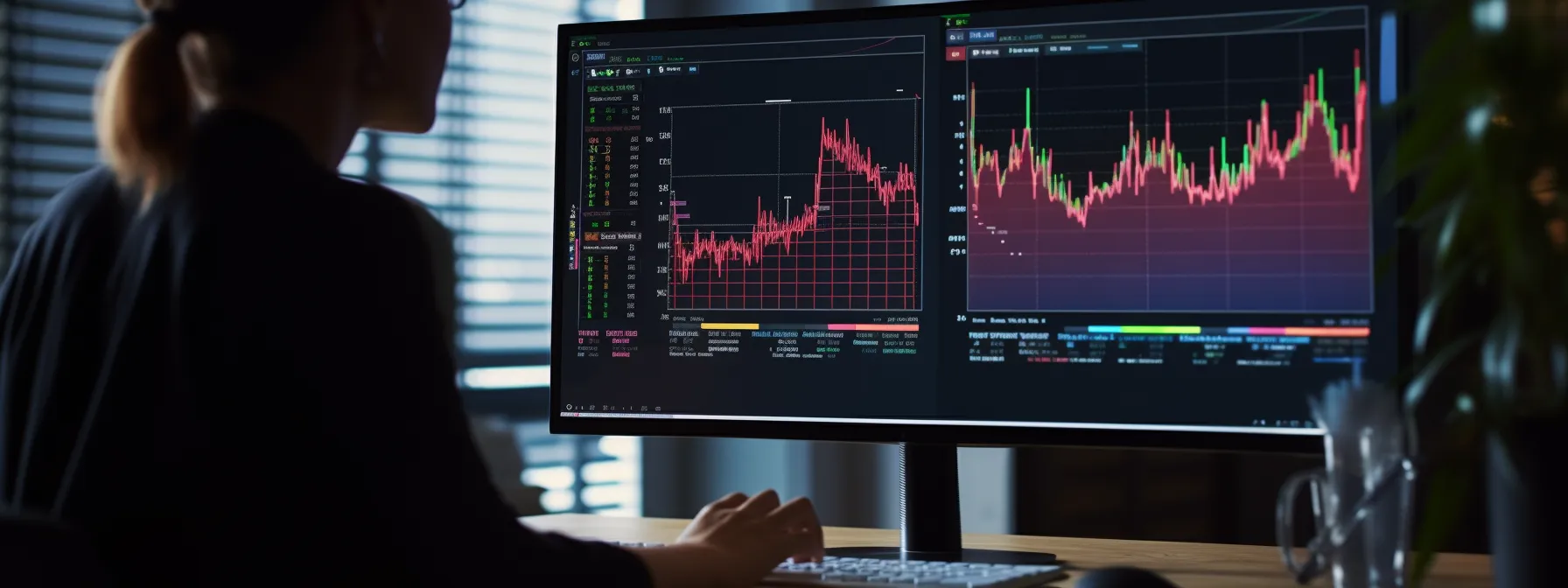 a person analyzing website analytics on a computer screen with various charts and graphs displayed.