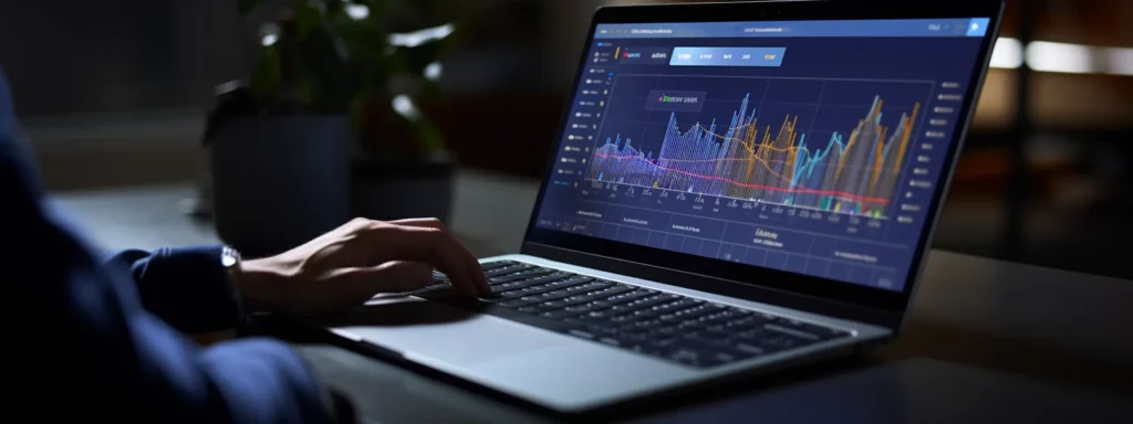 a laptop with google analytics 4 interface on the screen and a person analyzing data.