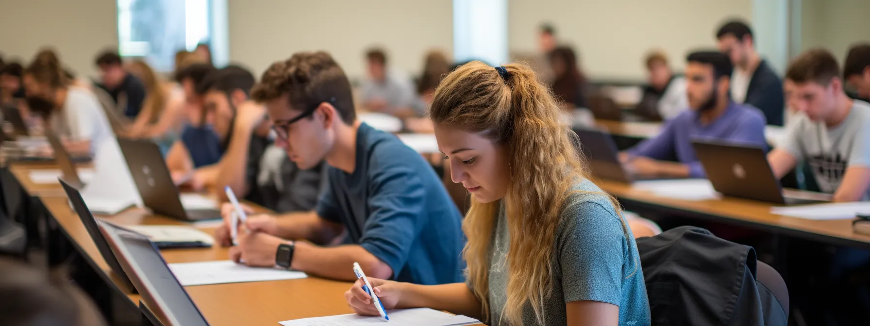 a group of students sitting in a classroom, taking notes and listening attentively to a seo instructor.