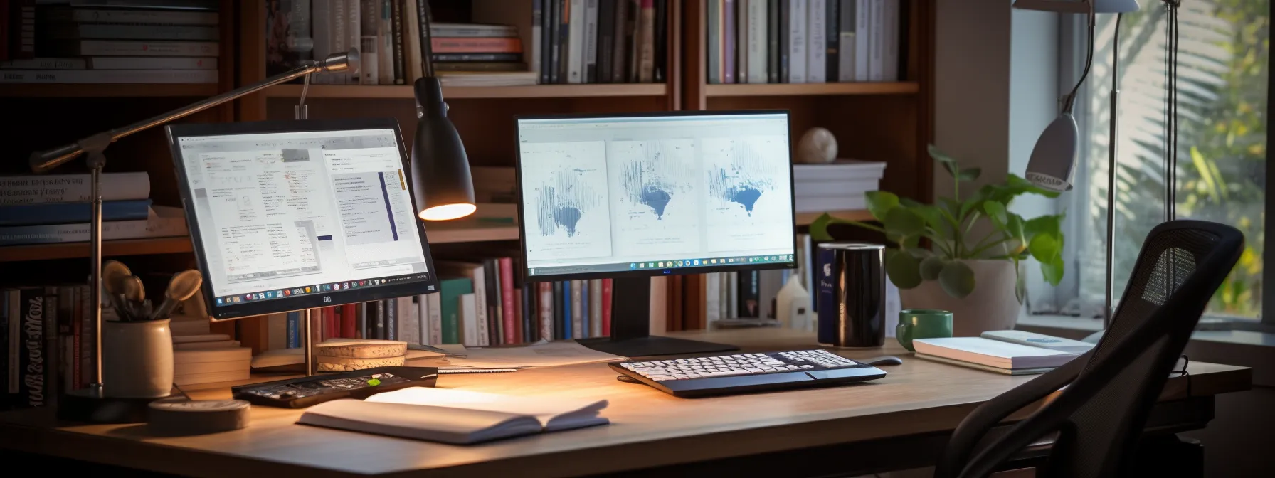 a person studying seotheory courses, surrounded by books on seo and a computer displaying seo software tools and data.