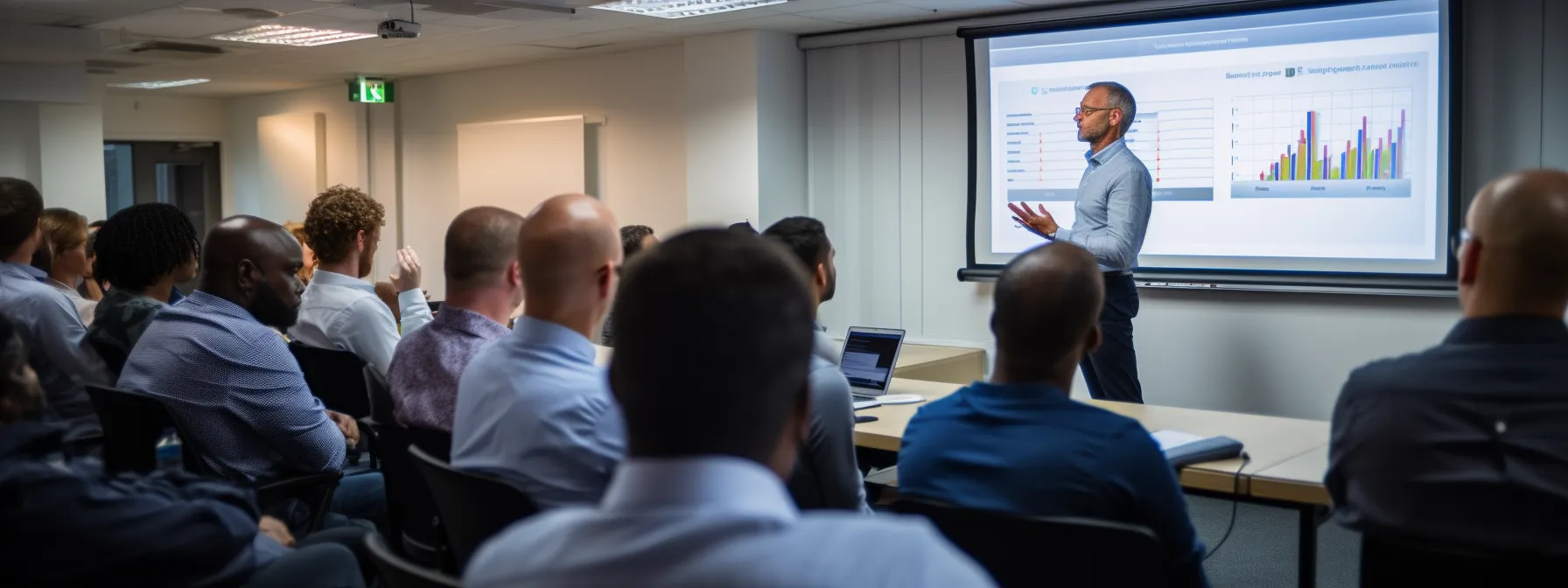 a group of marketers attentively listening to a presentation on keyword research at an seo training course, with the instructor standing in front of a projected slide.