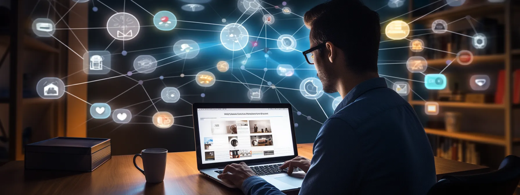 a person at a computer screen, surrounded by various websites and search engine icons, with lines connecting them to signify the implementation of an effective link building campaign.