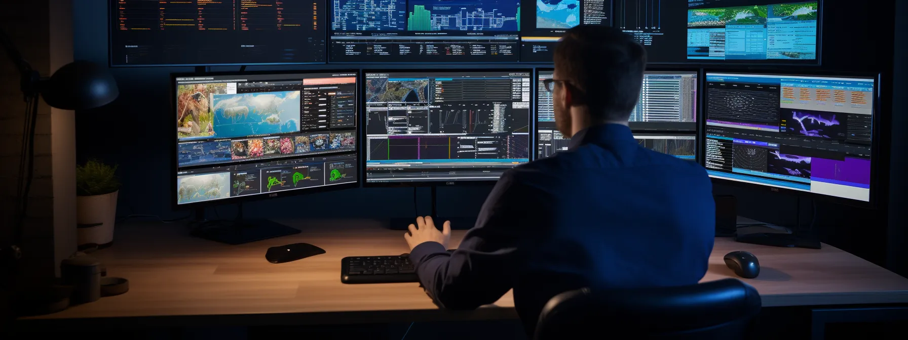 a person surrounded by devices and screens, analyzing data and optimizing search engine strategies for e-commerce success.