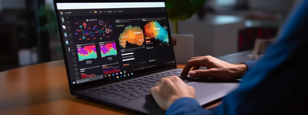a person using a laptop with various social media icons and analytics charts on the screen.
