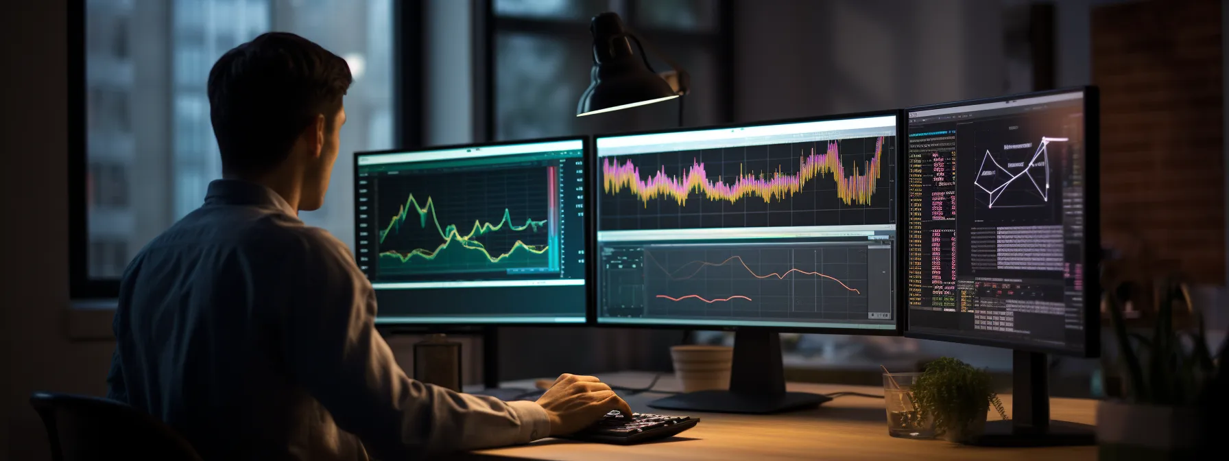 a person analyzing data on a computer screen with graphs and charts.
