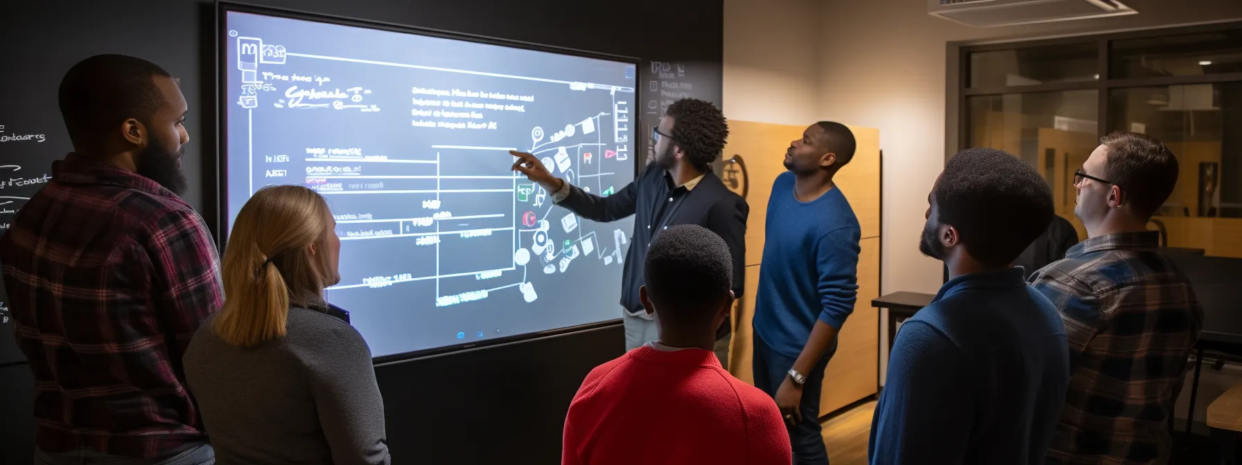 a group of students gather around a whiteboard with keyword placement strategies written on it, while an instructor explains and points to the keywords.